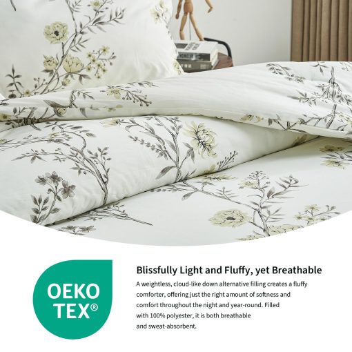 Juego de edredon tamano King PANGUSHAN, juego de ropa de cama de felpa floral de algodon para cama King, todas las estaciones, 3 piezas, blanco - Imagen 5