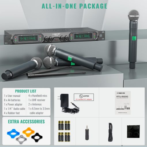 Sistema de microfono inalambrico Phenyx Pro, Microfono inalambrico UHF de 4 canales, Microfono inalambrico de frecuencia fija de metal con 4 microfonos dinamicos de mano, Rango de 260 pies, Microfono para cantar, Iglesia (PTU-5000-4H) - Imagen 6