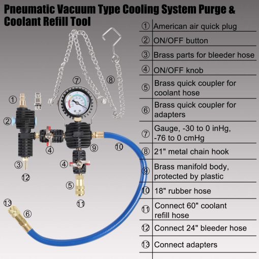 YSTOOL Equipo de Prueba de Presion del Radiador Herramienta de Purga y Relleno de Vacio del Sistema de Enfriamiento Universal 28PCS Juego de Prueba de Fugas de Agua y Relleno de Refrigerante para Automoviles con Adaptadores de Termometro Estuche de Juego - Imagen 3