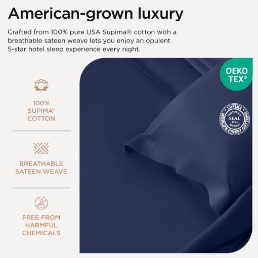 Juego de sabanas de tamano completo de lujo Threadmill | Sabanas de algodon Supima certificado de 656 hilos para colchon de tamano completo | Juego de sabanas de 4 piezas de calidad de hotel de 5 estrellas con bolsillo extra profundo | Sabanas azul Folkstone - Imagen 3