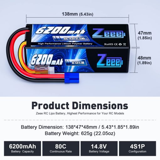 Bateria Zeee 4S Lipo 6200mAh 14.8V 80C con Carcasa Resistente y Conector EC5 para Coche Camion Tanque RC Buggy Truggy Racing Hobby (2 Paquetes) - Imagen 2