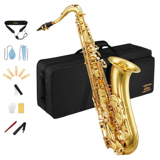 Saxofon Tenor Eastar Saxofon para Estudiantes en Si Bemol Dorado Lacado Saxofon Tenor Bb Principiante con Pano de Limpieza, Estuche de Transporte, Boquilla, Correa para el Cuello, Canas, Kit Completo, TS-?