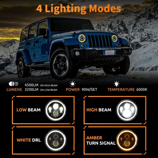 Faros Delanteros LED de 7 Pulgadas HILLSKING Compatible con Jeep Wrangler JK/TJ/LJ/CJ, Luces Delanteras LED con Halo Aprobadas por la DOT, Luz Alta/Baja con Senal de Giro Ambar, con Adaptador H4 H13, Juego de 2 - Imagen 2