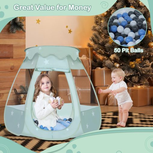 Tienda de Juego con Pelotas Wilhunter para Ninos con 50 Pelotas, Carpa de Juego Emergente para Ninas, Regalos de Princesa para Ninos Juegos Infantiles de Interior y Exterior (Celadon: Gris/Blanco/Azul Bebe, 109x90cm/50 Pelotas) - Imagen 2