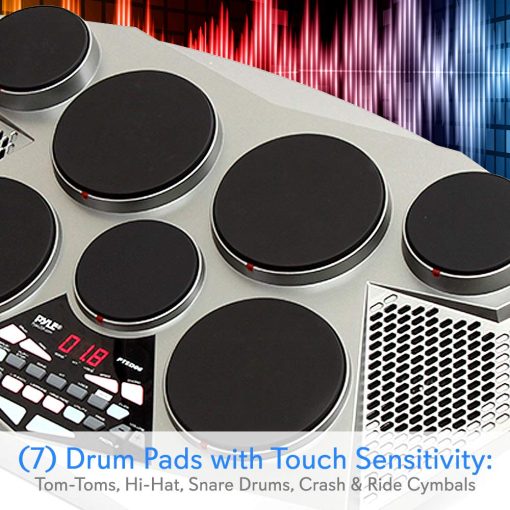 Pyle Pro Electronic Drum kit - Set de bateria electronica portatil con panel digital, 7 almohadillas de bateria, controlador de pedal de Hi-Hat / Kick Bass, USB AUX - Tom Toms, platillos, caja de la bateria - PTED06 - Imagen 4