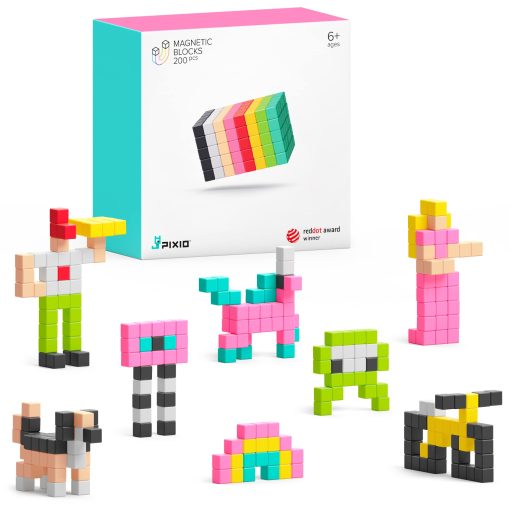 PIXIO-200 - Juguete de Bloques Magneticos Pequenos en El Estilo de Arte de Pixeles con Aplicacion Gratuita - Cubos de Plastico de 5/16" con 6 Imanes en el Interior - Juguete Creativo para Edades 6+