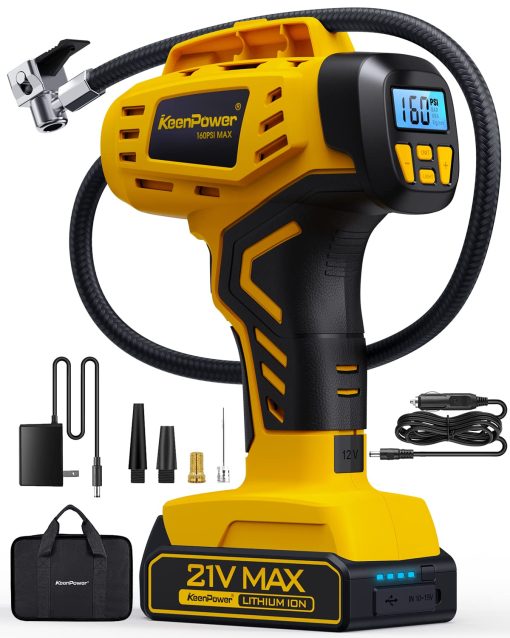 Inflador de Neumaticos Portatil KeenPower - 2X Mas Rapido - Bateria Recargable de 21V - Inflador de Neumaticos de Mano 160PSI, Modos de Suministro de Energia Dual, Bomba de Aire para Coche Motocicleta E-Bike