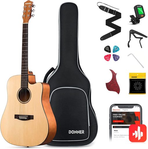 Kit de Guitarra Acustica Donner para Principiantes Adultos y Adolescentes - Kit de Inicio, Tamano Completo 41'' Cutaway Guitarra Acustica Paquete con Leccion en Linea Gratis, Estuche, Correa, Afinador, Cejuela, Cuerdas, Natural, DAD-140C