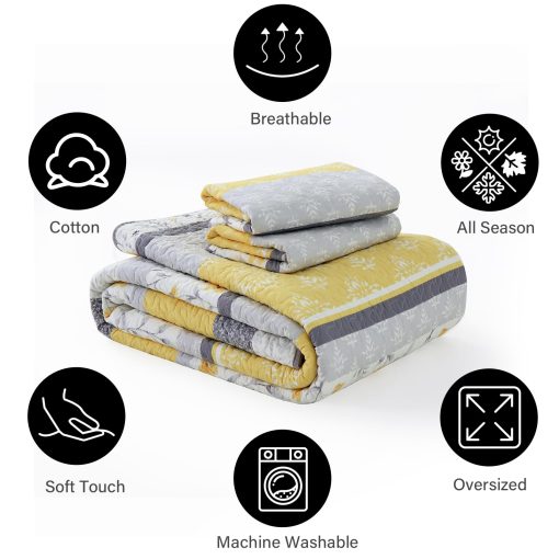Juego de Edredon de Algodon 100% PANGUSHAN para Cama Queen, Juego de Edredon de Tamano Queen, Edredon Reversible Floral de Estilo Granja en Amarillo, Cubrecama Acolchado Ligero para Cama Queen, 3 Piezas, Amarillo/Gris/Blanco - Imagen 7