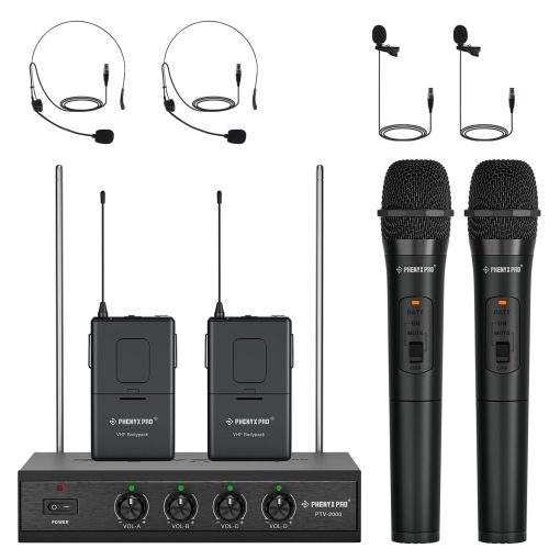 Sistema de Microfono Inalambrico Phenyx Pro, Sistema de Microfono Inalambrico VHF de 4 Canales con 2 Manos/2 Transmisores de Cuerpo/2 de Solapa/2 de Diadema, Receptor de Metal, Adecuado para Iglesia, Reunion, Conferencia (PTV-2000B)