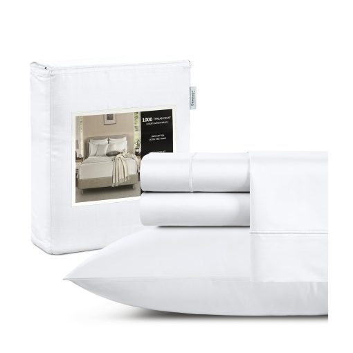 Juego de Sabanas CHATEAU HOME COLLECTION Twin, Sabanas de 1000 Hilos Tamaño Twin de Algodon, Sabanas de Bolsillo Profundo de Algodon para Cama Twin y Fundas de Almohada (Hasta 17"), Tejido de Saten Juego de Sabanas de Lujo, Blanco - Imagen 2