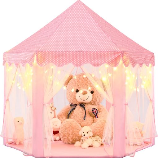 Tienda de Princesa EVOIONOS para Ninas, Tienda Infantil Interior, Tienda de Ninas con Luces de Estrella, Tienda de Juego Rosa para Ninos Pequenos, Tienda de Castillo de Princesa para Ninas, Tienda de Juguetes de 55 x 53 pulgadas