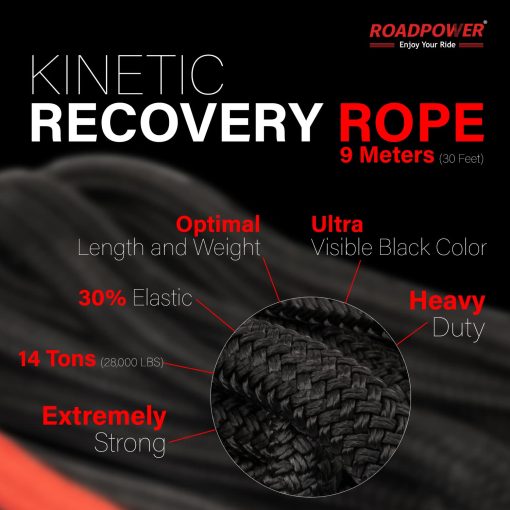 Cuerda de Recuperacion Cinetica ROADPOWER 1 pulgada x 30 pies - con Bolsa Guantes y 2 Piezas de Soporte Suave - Kit de Recuperacion Resistente para UTV, ATV, Camion, Automovil (14 Toneladas/35000 Lbs, 1 pulgada x 30 pies) - Imagen 2