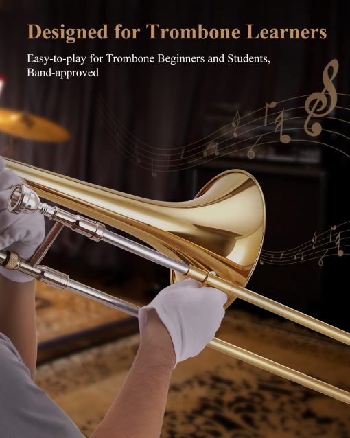 Trombon de vara para principiantes Eastar Bb Tenor, instrumento de trombon de laton B plano plateado con boquilla, guantes blancos, kit de limpieza, ETB-330, Dorado - Imagen 5