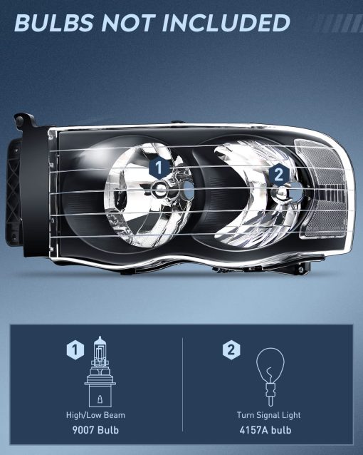 Faros Nilight para 2002 2003 2004 2005 Ram 1500 2500 3500 Camioneta con Carcasa Negra y Reflector Claro, Kit de Repuesto de Conjunto de Faros, Lado del Conductor y del Pasajero, 2 Piezas - Imagen 2