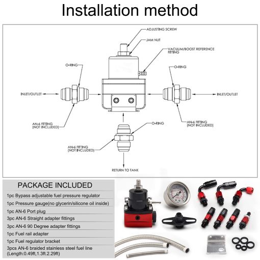 Kit de regulador de presion de combustible EFI WENJTP con medidor de presion de 0-100psi AN6-6AN, ajustable de aluminio, conexiones universales para manguera de combustible en negro y rojo HTRACING - Imagen 3