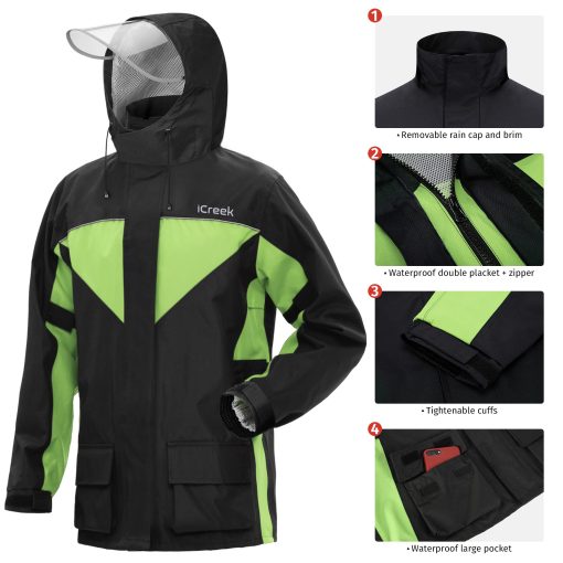 Conjunto de lluvia para motocicleta iCreek para hombres y mujeres impermeable anti-tormenta chamarra de alta visibilidad para ciclismo, golf, pesca, negro con verde, S - Imagen 5