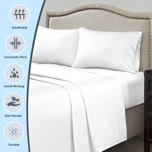 Juego de sabanas 100% algodon de lujo Pizuna Pure Queen Size blanco, 1000 hilos Sabana de algodon de grado superior con tejido satinado de Algodon de Hilo Largo. Incluye Sabana gruesa y Juego de funda de almohada, Sabanas profundas para camas de 15" - Imagen 2