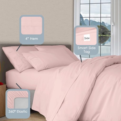 Juego de sabanas para Cama Completa de lujo de 100% Algodon Puro Pizuna en Rosa Claro, 1000 Hilos de Algodon de Fibra Larga Sabana y Funda de Almohada Gruesa, Sabanas Profundas se ajustan a 15" (Conjunto de sabana y funda de almohada de algodon peinado) - Imagen 3