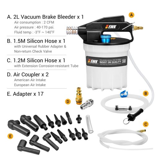 EWK 22 Pcs 2L Extractor de vacio neumatico para frenos con 17 Adaptadores y 2 Mangueras de Sangrado - Imagen 2