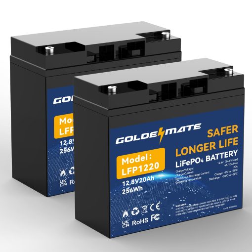 Bateria de ciclo profundo de litio LiFePO4 GOLDENMATE 12V 20 Ah (paquete de 2), 2000-7000 ciclos Bateria recargable de fosfato de hierro de litio con BMS para energia solar, motor de arrastre, buscador de peces, Power Wheels, camping