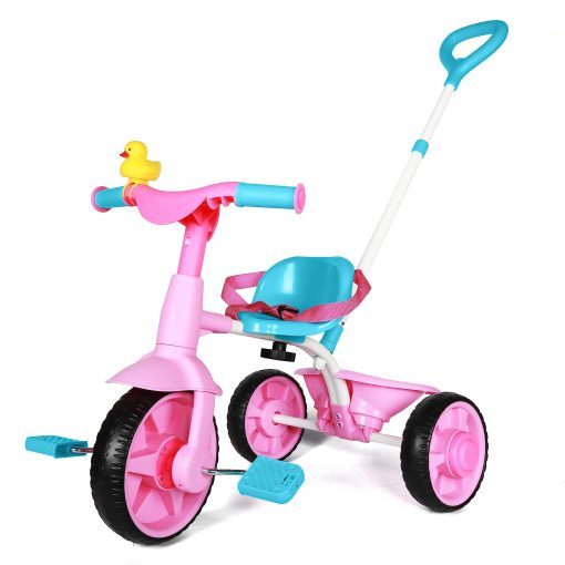 Triciclo 2 en 1 para Ninos KRIDDO de 18 Meses a 3 Anos, Ruedas de EVA Mejoradas, Regalo, Triciclos para Ninos de 2 a 3 Anos con Manillar de Empuje y Campana de Pato, Rosa