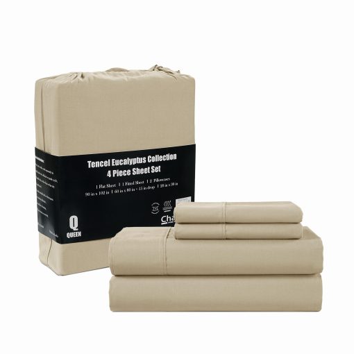Juego de sabanas CHATEAU HOME COLLECTION Tencel Lyocell | 4 PC California King | Suaves, Transpirables y Mejores Que las sabanas de lino | Sabanas y Fundas de Almohada | Sabanas de Bolsillo Profundo | Taupe