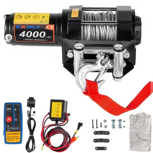 CXRCY 12V 4000 lbs Kits de Winche Electrico con Cuerda de Acero de 3/16"(4.7mm) de Diametro x 32.8'(10m) de Longitud para ATV/UTV para Remolcar Off Road con Control Remoto Inalambrico y Soporte de Montaje