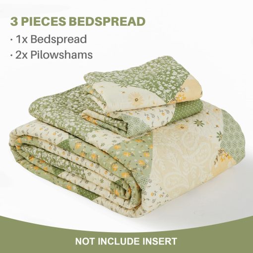 Colcha de Cama Acolchada de Algodon 100% de Gran Tamano 128"x120", Ligera Colcha Extra Grande para Cama King de California, Cubrecamas Reversible Acolchado, Juego de 3 Piezas, Verde - Imagen 5