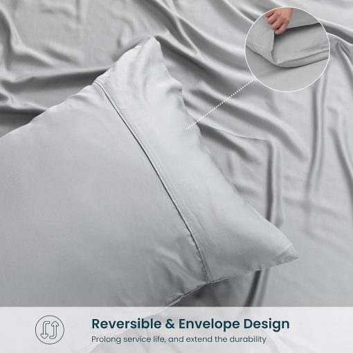 Juego de Sabanas Divididas Tamaño Split King de GOKOTTA, 5 Piezas, 100% Rayon Derivado de Bambu, Ideal para los que Duermen Calientes - Sabanas Transpirables y Suaves, Sabana Ajustable de 16" con Correas Elasticas en las Esquinas, Gris - Imagen 7