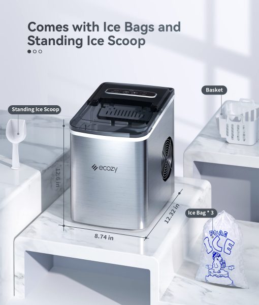 Maquina de Hielo Portatil ecozy, 9 Cubos Listos en 6 Minutos, 26.5 lbs en 24 Horas, Maquina de Hielo Autolimpiable con Bolsas de Hielo/Cucharas de Hielo/Cubeta para Hogar Cocina Oficina Bar Fiesta, Plata - Imagen 5