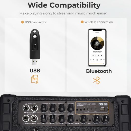 Amplificador de bateria electrica Vangoa 65W Profesional Altavoz de amplificador de tambor electronico inalambrico de 3 bandas EQ USB Monitor personal de bateria electrica Altavoz de teclado, Negro - Imagen 5