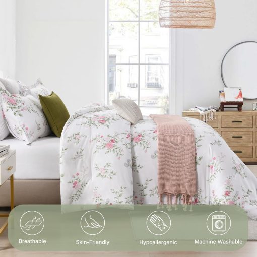 Juego de edredon King Floral Finlonte - Edredon de algodon tamano King, lujoso edredon acolchado de estilo farmhouse, 3 piezas de ropa de cama mullida para cama King durante todo el ano, Blanco/Rosa/Verde, 104"x90" - Imagen 4