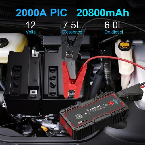 Arrancador de Coche FOWAWU 2000A Pico 20800mAh Portatil para Automovil (Hasta 7.5L de Gasolina y 6.0L de Diesel), Bateria de Arranque de Coche con Cable Inteligente de Seguridad, Luz LED USB Salida DC 12V - Imagen 2