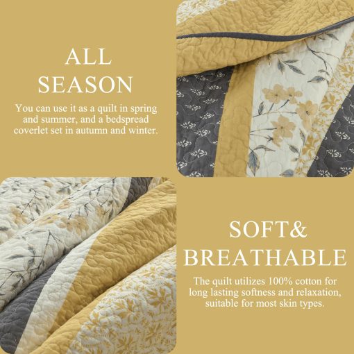Edredon a rayas tamaño Queen DDUOXIN - 100% algodon suave reversible con 2 fundas de almohada, edredon de cama estampado floral ligero, juego de edredones, amarillo (dorado)/gris/blanco, Queen - Imagen 6