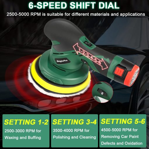 Pulidora de Coche Inalambrica, Kit de Pulido de Coche Portatil con 2 Baterias Recargables de 2600mAh, 20 Accesorios Extras con Caja de Herramientas Impermeable, 6 Velocidades Variables para Detallado de Coches - Imagen 4