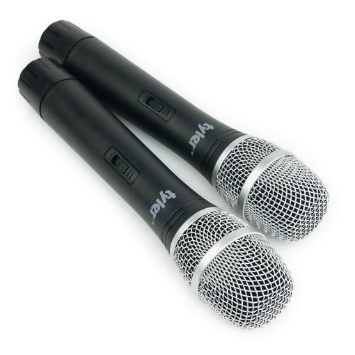 Sistema de microfono inalambrico de doble frecuencia Tyler TWM302 - Indicadores de bateria baja - Microfono de karaoke con alcance de 100 pies con cable de audio de 1/4", receptor inalambrico y convertidor de conector de 6.3 mm a 3.5 mm - Imagen 5