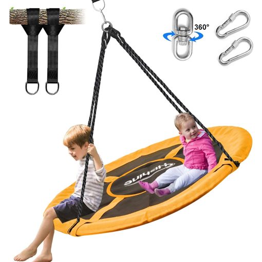 Hishine Columpio Redondo de 43" para Ninos, 360?, Resistente al Agua con Giro, Correas de Colgar, Cuerdas Ajustables, Columpio Redondo Giratorio para arbol / Juego de Columpios (Naranja)