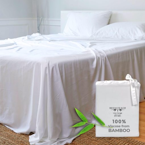 Juego de sabanas de bambu Queen BedVoyage 100% de viscosa - Sabanas refrigerantes para una comodidad suprema, transpirables y suaves con bolsillos profundos - 18? (Blanco)
