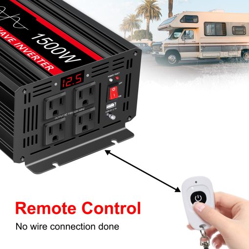 Inversor de Onda Sinusoidal Pura JIGUUN de 1500 vatios CC 12V a CA 120V, Convertidor de Coche con 4 Tomas de CA y Salida USB, Control Remoto del Inversor de Potencia para Acampar al Aire Libre RV - Imagen 4