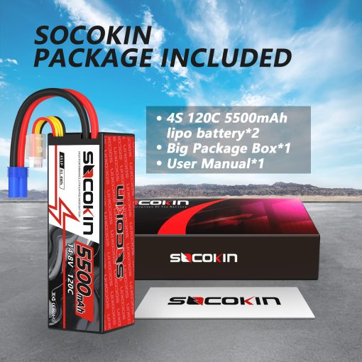 Bateria Lipo 4S Socokin 5500mAh 14.8V 120C con Conector EC5 Estuche Rigido para Coche RC Camion Tanque Buggy Truggy Modelo de Carreras Hobby (Pack de 2) - Imagen 6