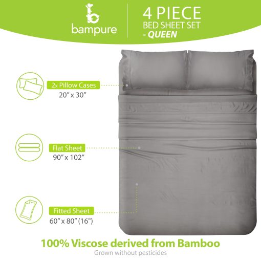 Juego de sabanas de la serie de lujo BAMPURE Queen - 100% Pura Viscosa derivada de las Sabanas de Bambu tamano Queen - Sabanas Queen Super Suaves Refrigerantes para los que duermen calientes - Bolsillo profundo de hasta 16'' Juego de Sabanas Queen (Gris Piedra) - Imagen 4