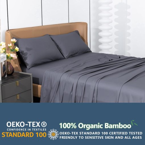 Juego de Sabanas de Enfriamiento Levoo de Bambu Viscosa 18"-24" Bolsillo Extra Profundo Juego de Sabanas de Enfriamiento para Personas Calurosas Sabanas de Cama de Seda 4 Piezas (Tamano King de California, Gris Oscuro) - Imagen 3