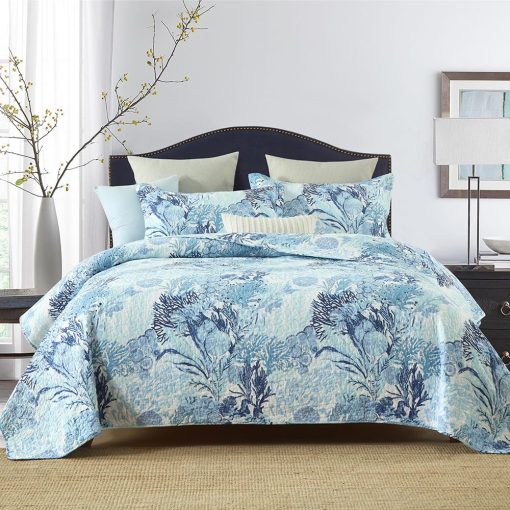 Juego de Colchas de Algodon de Ensueño Otoñal con Diseño Costero Reversible, Cobertores de Ropa de Cama, Edredones, Cama de Cuento de Hadas, Azul Oceano, Tamaño King
