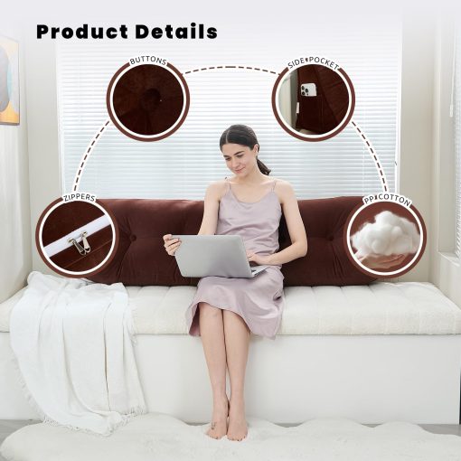 Almohada para cabecera Zelladorra para cama, almohada triangular de cuna para cabecera, soporte suave al leer y descansar, cojin para cabecera de cama con funda removible, cafe marron, tamano Queen (59"x8"x20") - Imagen 4