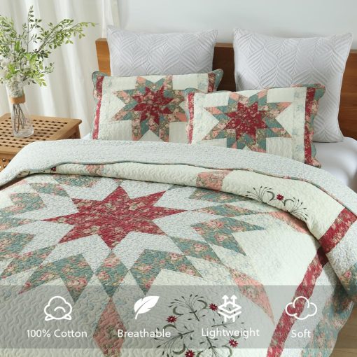 Juego de Colchas de Algodon Camandy, 3 Piezas de Edredones Reversibles con Estampado Estrella y Floral Rojo Real, Tamano Queen - Imagen 2