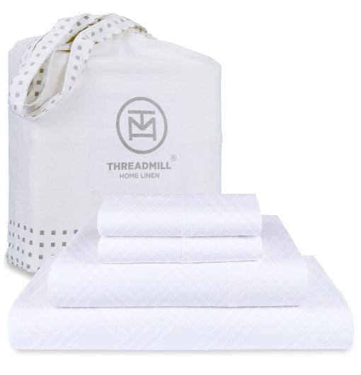 Juego de sabanas de lujo tamano King 100% algodon Threadmill - 800 hilos Jacquard Celine Hotel Blanco, Mejor que el algodon egipcio, 4 piezas Juego de cama a rayas, sabanas Damask con bolsillo profundo de 16"