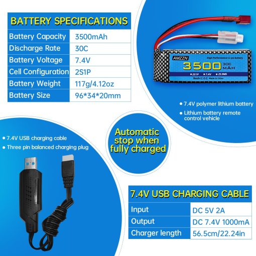 Paquete de 2 Baterias Lipo de 7.4V 3500mAh 30C con T-Plug y Cargador USB para MJX H16 H16P H16E H16GT H16BM H16DR H16PL 14301 Coche RC de Alta Velocidad Modelo de Coche de Drift Upgrade Battery (2 Baterias + 2 USB) - Imagen 3