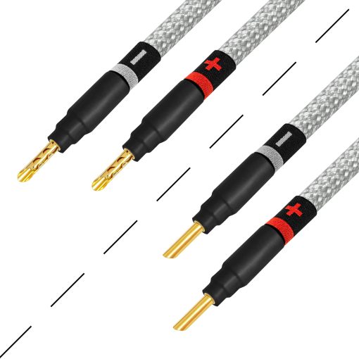 Cable para altavoz premium WORLDS BEST CABLES de 12 pies Ultimate - 9 AWG - OFC ultra puro - Par de cable para altavoz HiFi premium con conectores banana Eminence Gold y chaqueta de tweed plateada - Imagen 4