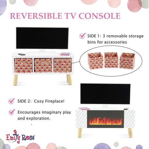 Emily Rose Nuevo Sofa Cama Seccional/Sala de Estar de Madera Rosa de 18" para Munecas con Unidad de Entretenimiento con TV, Chimenea Falsa, Bins de Almacenamiento y Revistas | Set de Muebles para Munecas de 14"-19" - Imagen 7